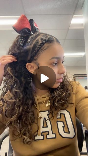 lani <3 on Instagram: "•hair inspo by the lovely @top_erika16 this is too cute😋 • •what hairstyle should i do next ? dm me a picture or video :) • • • •i do not own copyright of music @instagram • • • • •#hair #curly #curls #curlyhair #curlygirl #dominican #afrolatina #cheerleading #edges #dominicana #cheerhair #ponytail #highponytail #naturalcurlyhair #viral #explore #exploremore #reels #tiktok #tiktokhair #basketballseason #gameday #cosmetology #cosmetologystudent #cosmetologyschool #valentines #braidstyles #braidideas #hairinspo" Natural Thick Curly Hairstyles, Curly Hairstyles For Cheerleaders, Cheerleader Half Up Half Down Hair, Pep Rally Hairstyles Cheer Hair, Cheer Hairstyles Natural Hair, Slick Hairstyles Baddie Curly Hair Ponytail, Cheer Pictures Hairstyles, Cheer Gameday Hair, Cheer Hairstyles Ponytail