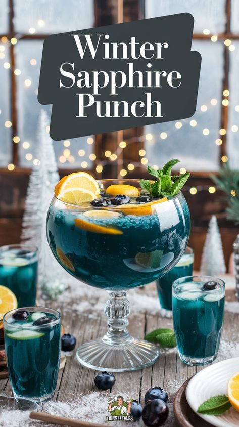 Discover the perfect Winter Sapphire Punch Cocktail recipe to elevate your holiday gatherings! This festive Sapphire Punch combines vibrant blue Curacao with refreshing citrus, creating a stunning blue winter punch that's sure to impress. Ideal for seasonal celebrations, this holiday Sapphire Punch features sparkling blueberries for an extra touch of elegance. Whether you're hosting a winter party or cozying up at home, this Sapphire Punch with Citrus is a must-try. Blue Alcoholic Punch, Blue Mixed Drinks, Spiked Punch Recipes, Blue Cocktail Recipes, Chanukah Cocktails, Wedding Punch Recipes, Blue Mocktail, Creative Alcoholic Drinks, Blue Party Punches