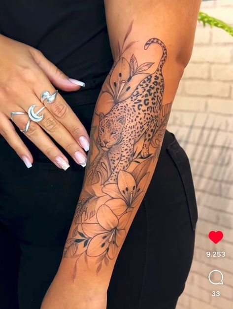 Lion Feminine Tattoo, Big Lion Tattoos For Women, Female Jaguar Tattoo, Women Leopard Tattoo, Lawyer With Tattoos, Flowers And Leopard Print Tattoo, Tattoo Ideas Female Big Arm, Both Legs Tattoos For Women, Cheetah Sleeve Tattoos For Women