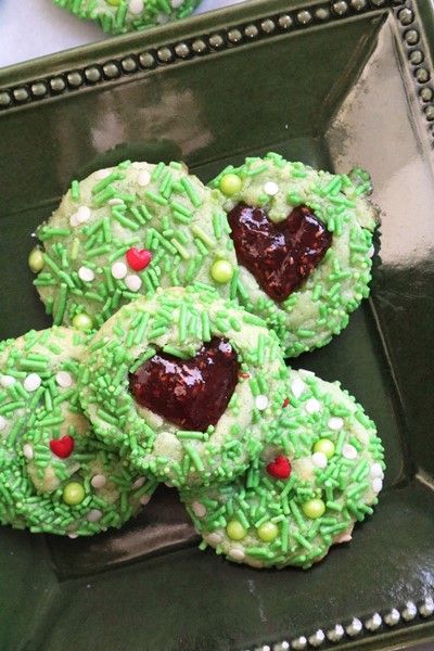 Grinch Thumbprint Cookies, Grinch Thumbprint Raspberry Cookies, Grinch Cookies With Pistachio Pudding, Grinch Nutter Butter Cookies, Heart Thumbprint Cookies, The Grinch Heart Grew, Heart Thumbprint, Grinch Cookies Andes Mint, Grinch Heart