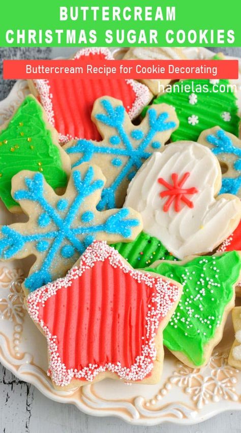 Decorate sugar cookies with delicious Buttercream! Easy Crusting Buttercream recipe for cookie decorating. Christmas Cookies Buttercream Frosting, Crusting Buttercream Recipe For Cookies, Buttercream Frosted Christmas Cookies, Decorate Cookies With Buttercream, Christmas Buttercream, Crusting Buttercream Recipe, Buttercream Frosting Cookies, Crusting Buttercream, Christmas Cookie Frosting