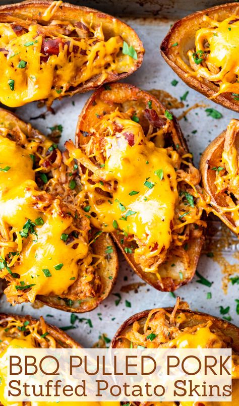 stuffed baked potato skins on a sheet pan. Bbq Potato Skins, Bbq Pork Stuffed Potatoes, Brisket Potato Skins, Bbq Pulled Pork Baked Potato, Pulled Pork Stuffed Potatoes, Potato Bbq Recipes, Pulled Pork Potato Skins, Pulled Pork Baked Potato Recipes, Bbq Dinner Ideas Grill