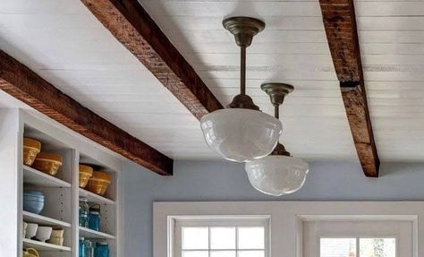 5 Ideas for Faux Wood Beams - This Old House Wood Beams Ceiling, Beams Ceiling, Wood Ceiling Beams, Faux Ceiling Beams, Covering Popcorn Ceiling, Beams Living Room, Wooden Beams Ceiling, Farmhouse Ceiling, Hand Hewn Beams