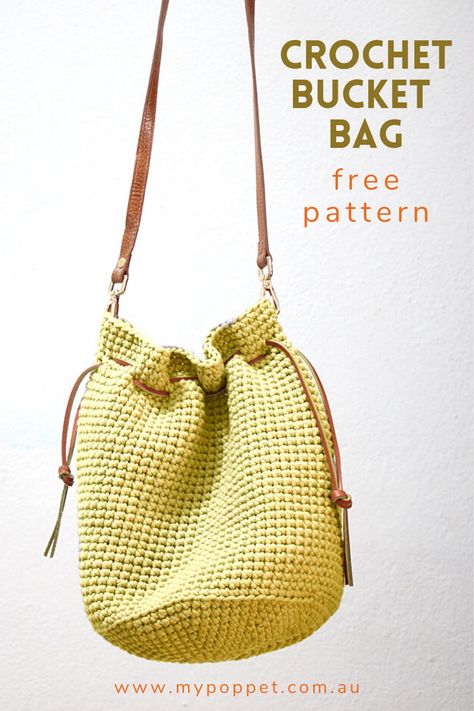 Crochet Bucket Purse Pattern Free, Crocheted Bucket Bag, Bucket Bag Crochet Pattern, Crochet Bucket Bags Free Patterns, Crochet Bucket Purse, Crochet Bucket Bag Free Pattern, Free Crochet Bucket Bag Pattern, Crochet With One Ball Of Yarn, Bucket Bag Crochet Pattern Free