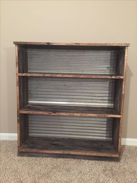 Western Bookcase Decor, Diy Office Shelving, Rustic Bookshelf Diy, Diy Farmhouse Bookshelf, Western Shelves, Barnwood Bookshelf, Western Bookshelf, Corigated Metal, Diy Rustic Shelves