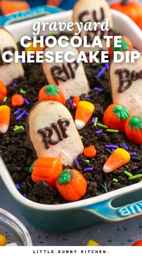 Get ready for a spooky fun time with this easy-to-make graveyard chocolate cheesecake dip! It's the perfect treat to add some Halloween fun to your party! Graveyard Chocolate Cheesecake Dip, Graveyard Food Ideas, Graveyard Dip, Chocolate Cheesecake Dip, Chocolate Dirt, Halloween Core, Halloween Cheesecake, Halloween Dip, Chocolate Chip Dip