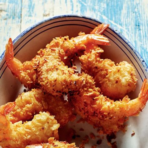 Rick Stein's recipe for Deep-fried Coconut Prawns from his BBC series, The Road to Mexico, are an easy party food idea or a brilliant Mexican starter. Crispy Rock Shrimp, Fried Prawns Crispy, Antipasto Ideas, Oven Fried Coconut Shrimp, Rick Stein Recipes, Butterflied Prawns, Coconut Prawns, Katsu Recipes, Curry Laksa