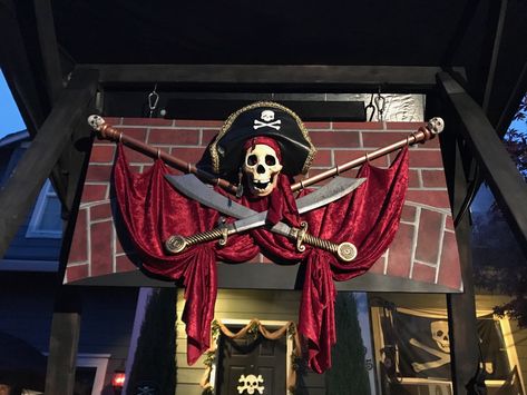 Our Pirates of the Caribbean display for Halloween Pirates Of The Caribbean Halloween Decorations, Pirate House Halloween, Pirate Front Porch Halloween, Pirates Of The Caribbean Decorations, Diy Pirate Halloween Decorations, Pirates Of The Caribbean Decor, Pirates Of The Caribbean Trunk Or Treat, Pirates Of The Caribbean Halloween Decor, Pirate Cabin