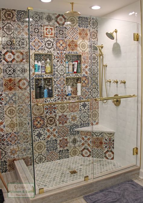 Aesthetic Tiles For Bathroom, Patterned Tiles Shower Wall, Boho Tile Shower Ideas, Moroccan Shower Tile, Patterned Tile Shower Walls, Bright Tiled Bathroom, Accent Tiles In Bathroom, Patterned Bathroom Tiles Wall, Mediterranean Shower Tile