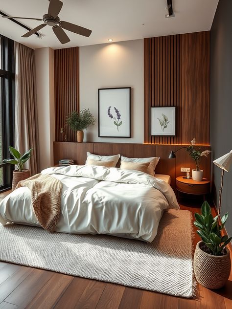 Transform your bedroom into a cozy retreat! Embrace modern design with natural finishes, warm hues, and lush plants for a tranquil, inviting space. 🛏️✨🌿 Earth Tone Modern Bedroom, Bedroom Ideas Thuma Bed, Master Bedrooms Earth Tones, King Bedroom Ideas Minimalist, Neutral Warm Bedroom Aesthetic, White And Brown Bedroom Aesthetic, Wood Bedroom Aesthetic, Room Inspo Wood, Warm Wood Bedroom