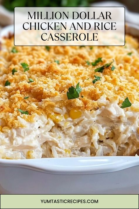 Need a new go-to recipe? This million-dollar chicken and rice casserole is packed with flavor, incredibly creamy, and full of cheese! With simple ingredients and easy steps, you’ll have a meal that’s as tasty as it is comforting. Make your next dinner a hit with this irresistible dish—find the full recipe here!

#ComfortFoodRecipes #CheesyDinners #QuickMeals #ChickenRecipes #DinnerTonight Chicken And Rice Ritz Casserole, Chicken Ranch Rice Casserole, Easy Fast Chicken Dinner Recipes, Chicken And Rice With Cream Cheese, Dump And Bake Chicken And Rice Casserole, Saturday Chicken Recipe, Million Dollar Chicken And Rice Casserole, Heavenly Chicken And Rice, Casserole Dish Meals