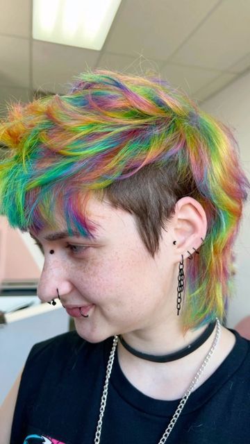 Rainbow Mullet Hair, Multicolor Short Hair, Alt Mens Haircut, Colourful Mullet, Mullet Hair Dye, Rainbow Mullet, Dyed Mohawk, Rainbow Pixie Hair, Colorful Mullet