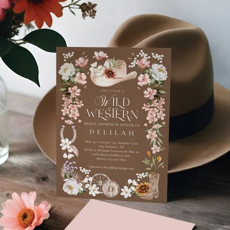 Elegant Floral Cowgirl Wild Western Bridal Shower Invitation Floral Invitation Design, Western Bridal Showers, Crest Wedding Invitations, Western Wedding Invitations, Unique Wedding Colors, Monogrammed Wedding Napkins, Wedding Horseshoes, Boots Cowgirl, Rustic Fall Wedding