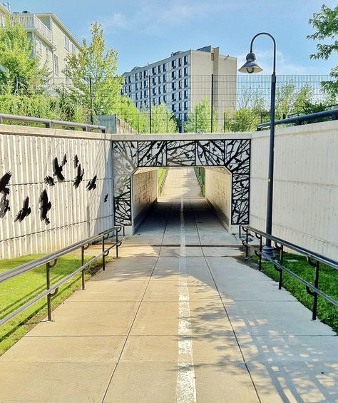 Randal Thurston, Yerxa Road Underpass (2006) #CambMA. DiscoverNorthCambridge.com Highway Underpass Design, Road Landscape Design, Underpass Design, Iot Design, Road Landscape, Mountain Landscape Photography, Dark Woods, Pool Landscape Design, Landscape Tattoo