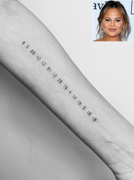 chrissy-teigen Chrissy Teigen Tattoo, Wife Tattoo For Husband, Chrissy Teagan, Christy Teigen, Husband Wife Tattoos, Small Name Tattoo, Birthdate Tattoo, Husband Tattoo, Coordinates Tattoo