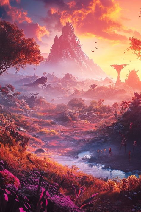 Immerse yourself in a breathtaking Horizon Zero Dawn Remastered landscape, showcasing vibrant colors, lush environments, and robotic creatures—perfect for your wallpaper. Robotic Creatures, Horizon Zero Dawn Wallpaper, Dawn Wallpaper, Futuristic Landscape, Horizon Landscape, Horizon Zero Dawn Forbidden West, Gaming Wallpaper, Mood Art, Learning Art