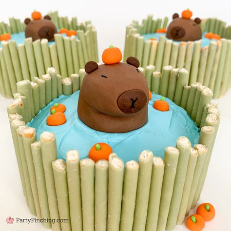 Capybara Mini Cakes, cute adorable fondant capybara cupcake toppers Capybara Cookies, Capybara Birthday Cake, Capybara Cake Ideas, Easy Birthday Cake Ideas For Kids, Capybara Cupcakes, Cute Mini Cakes Birthdays, Capybara Cake Birthday, Moon Pie Recipe, Happy Capybara