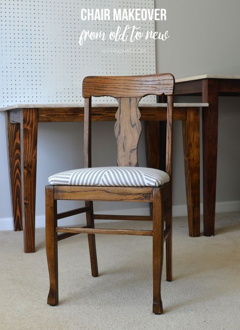 DIY Chair Makeover from Old to New - Sisters, What! Refurbished Dining Chairs, Wooden Chair Makeover, Wood Chair Makeover, Cheap Plywood, Dining Chair Makeover, Old Wooden Chairs, Old To New, Bedroom Crafts, Chair Makeover