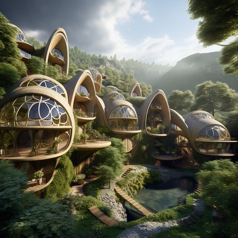 Biopunk Concept Art, Earthship Community, Pragmatic Utopia, Living With Friends, Eco Futurism, Eco Pods, Sci Fi Building, Ideal Aesthetic, Dreamscape Architecture