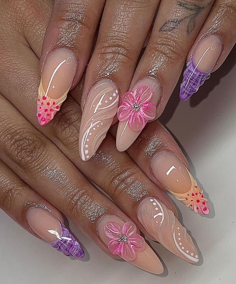 Summer nails Summer Nails 3d Designs, 3d Nails Summer, Summer 3d Nails, Birthday Summer Nails, Gel X Nail Designs Square, 3d Summer Nails, Neon Toe Nails, Almond Summer Nails, Hawaiian Nails