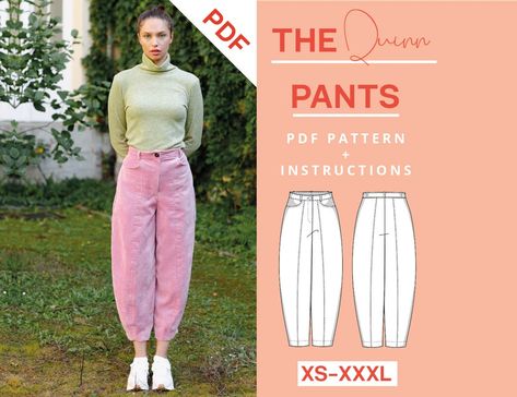 Tapered Pants Sewing Pattern PDF Xs-xxxl Instant Download Beginner Friendly Pants Pattern Trousers Sewing Tutorial A4 US Letter - Etsy France Lantern Pants Sewing Pattern, Instructions Design, Pattern Trousers, Paper Sewing, Pants Sewing, Sewing Machine Basics, Modern Sewing Patterns, English German, Everyday Pants