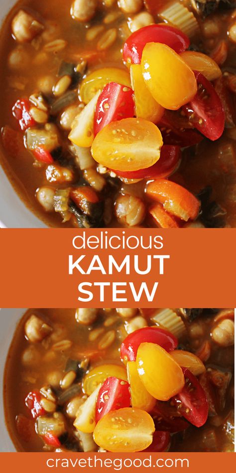 How to cook hearty, healthy, Kamut Chickpea stew. Perfect for batch cooking and to expand your cooking horizons! Kamut Recipes, Spicy Stew, Frugal Cooking, Grain Recipes, Cholesterol Lowering, Yum Recipes, Chickpea Stew, Hearty Stews, Grain Foods