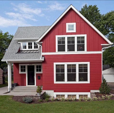 If you're looking for dark house colors, consider this red beauty! Love the board and batten on top with the white trim and gray roof! #darkexterior #darkhouse #redhouseideas #exteriorpaintedhouse #farmhouse #redfarmhouse House With White Trim, Red House Exterior, Home Paint Color, Red Houses, Farmhouse Exterior Design, Craftsman Exterior, Urban Farmhouse, Exterior Paint Color, Exterior Color Schemes