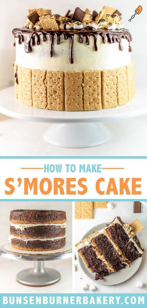 Graham Cracker Layer Cake, Smores Cake Recipe Easy, S’mores Chocolate Cake, S’mores Cake Birthday, S’more Cake Recipe, Smore Cake Recipe, Smores Layer Cake, Easy Smores Cake, Toasted Marshmallow Cake