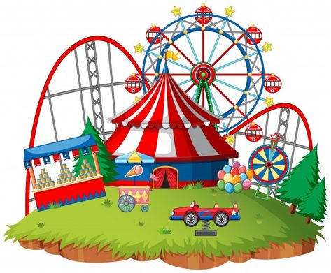 Cartoon amusement park attractions set. ferris wheel, merry go round horse carousel | Free Vector Park Drawing, Ride Drawing, Ballet Birthday Party, Fair Theme, Kids Carnival, Amusement Park Rides, Stall Designs, Fun Fair, Circus Theme