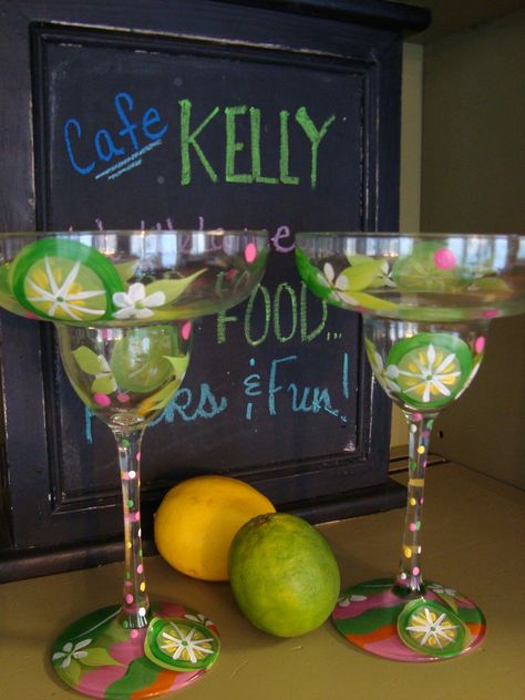 Margarita glasses "Limes"  painted by Kelly Sieckhaus Painting Margarita Glasses, Margarita Glasses Diy, Margarita Glass Painting, Cricut Wine Glasses, Painted Glassware, Lime Paint, Wine Painting, Margarita Glasses, Wine Glass Crafts