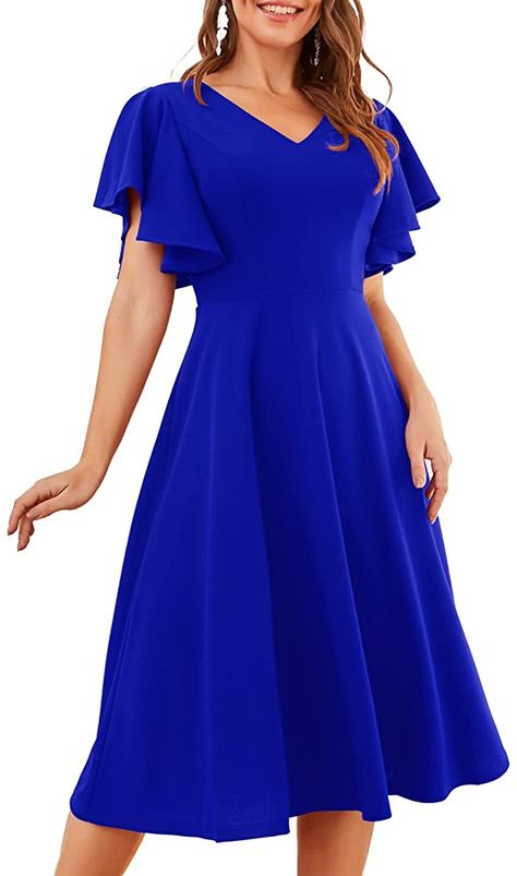 Formal Flare Dress, Fit And Flare Dress With Sleeves, Midi Dress With Sleeves Formal, Blue Formal Dress Short, Fit And Flare Dress Casual, Dresses For Work Casual, Tea Party Dresses For Women, Elegant Short Dresses, Long Flare Dress