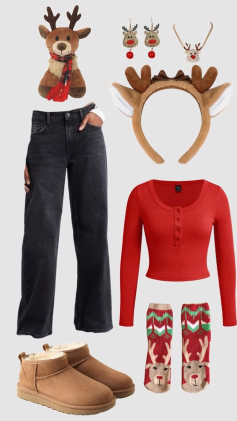 #christmas #christmasoutfit #reindeer Rudolph Inspired Outfit, Christmas Characters Spirit Week, Rudolph Dress Up Day At School, Rudolph Outfit For Women, Reindeer Day At School Outfit, Reindeer Inspired Outfit, School Christmas Outfits, Easy Christmas Character Outfit Ideas, Favorite Holiday Costume Spirit Week