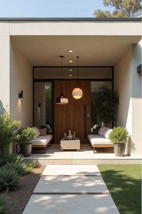 Modern front porch with pendant lights and contemporary seating Pendant Front Porch Light, Small Side Porch Ideas, Courtyard Entryway Front Entry, Modern Porch Ideas Entrance, Porch Entryway Ideas, Front Porch Lighting Ideas, Side Porch Ideas, Front Porch Appeal, Porch Lighting Ideas