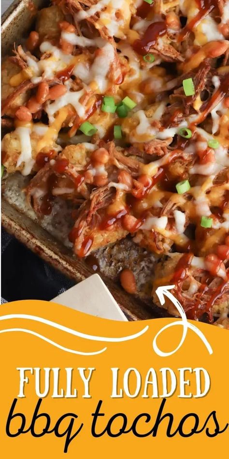 These Loaded BBQ Totchos have a crispy potato foundation topped with BBQ pork, baked beans, shredded cheese and sticky BBQ sauce! Loaded Totchos Recipe, Pulled Pork Totchos Recipe, Bbq Totchos, Iron Snacks, Sticky Bbq Sauce, Totchos Recipe, Bbq Chicken Nachos, Southern Comfort Recipes, Frozen Bag