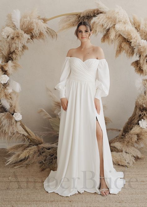 Boho Long Sleeve Wedding Dress, Nontraditional Wedding Dress, Puffy Sleeve Wedding Dress, Bohemian Wedding Dress, A Line Satin Wedding Dress Wedding Dress Nontraditional, Puffy Sleeve Wedding Dress, A Line Satin Wedding Dress, Wedding Dress Puffy, Mikado Wedding Dress, Boho Style Wedding Dress, Long Puffy Sleeves, Nontraditional Wedding Dress, Long Sleeve Wedding Dress