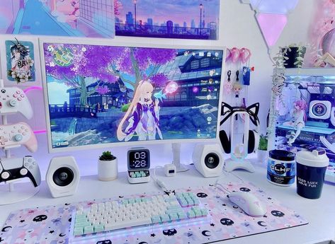 Anime Pc Setup, Aesthetic Desk Makeover, Desk Makeover Ideas, Aesthetic Room Makeover, Gamer Ideas, Room Makeover Ideas, Gaming Bedroom, Gaming Desk Setup, Cute And Aesthetic