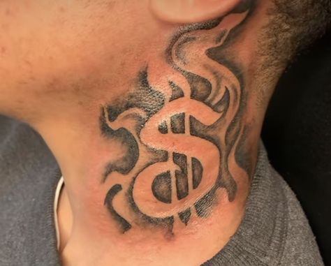 Flames Neck Tattoo Men, Moneybag Neck Tattoos, Money Sign Neck Tattoo, Moneybag Tattoos On Neck, Side Neck Tattoos For Men Design, Flame Neck Tattoo Men, Neck Tattoo Men Black, Fire Neck Tattoo Men, Chosen 1 Tattoo Men Neck