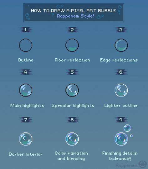 Rappenem (Comms Closed) on X: "Here's a little tutorial on how to draw bubbles 🫧 ✨ #pixelart #ドット絵 https://t.co/XZpKMapksc" / X How To Pixel Art, Bubble Drawing, Pixel Art Tutorial, Cool Pixel Art, Pixel Design, Pixel Art Games, Pixel Art Design, 영감을 주는 캐릭터, Art Tips