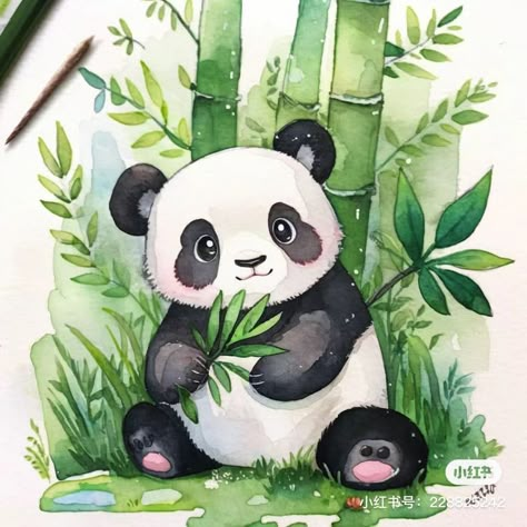 Panda With Bamboo Painting, Panda With Bamboo Drawing, Panda Painting Ideas, Bamboo Drawing, Panda Watercolor, Cute Panda Drawing, Panda Painting, Panda Illustration, Panda Drawing