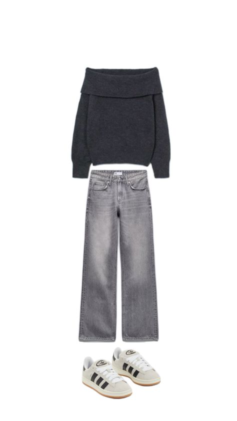 off shoulder sweater. adidas campus 00. zara high rise grey jeans . cool outfit idea. school outfit. uni/college outfit idea. Outfit Idea School, Adidas Campus 00, Outfit Uni, Grey Jeans Outfit, Outfit Campus, Campus 00, Grey Sweater Outfit, Campus Outfit, Outfit Zara