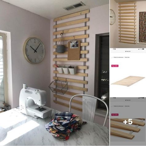 Slat Wall Ikea, Renter Friendly Shelves Bedroom, Diy Slatwall Display, Renter Friendly Wall Shelves, Bed Slats Diy Projects, Renter Friendly Shelves, Ikea Wall Storage, Ikea Bed Slats, Slats Wall