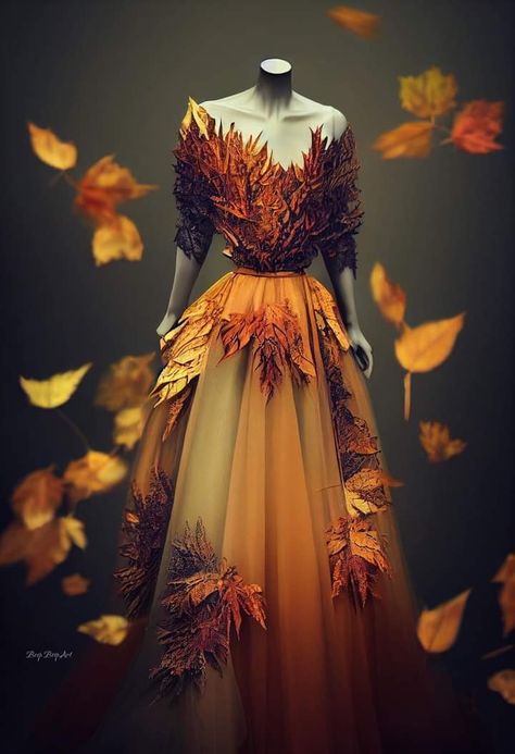 Forest Fairy Aesthetic Clothes, Fall Gowns, Dryad Costume, Fall Leaves Dress, Fashion Show Themes, Autumn Dresses, Fall Floral Dress, Fashion Illustrations Techniques, Goddess Costume