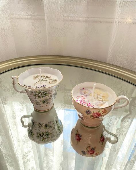 Jenna on Instagram: "In case anyone was wondering, my newest hobby is turning pretty tea cups into pretty candles 🕯🌸" Tea And Candles Aesthetic, Candles In Cups, Candle In A Cup, Candle In Tea Cup, Teacup Candles Diy, Cup Candles Diy, Candles In Tea Cups, Candle Making Ideas Homemade, Old Tea Cups Ideas