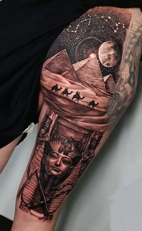 Pyramid Tattoos, King Tut Tattoo, Egypt Tattoo Design, Egyptian Tattoos, Pyramid Tattoo, Egyptian Eye Tattoos, Africa Tattoos, Egyptian Tattoo Sleeve, African Tattoo