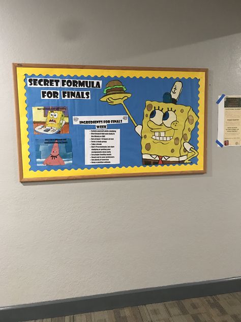 Meme Ra Bulletin Board, Spongebob Bulletin Board Ideas, Ra Finals Bulletin Board, Finals Ra Bulletin Board, Ra Bulletin Boards Spongebob, Bulletin Board Ideas Funny, Spongebob Ra Board, Resident Hall Themes, Finals Bulletin Board Ra