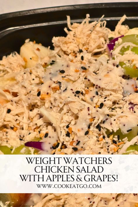 Looking for a low-calorie or zero-point lunch? This is a delicious and refreshing chicken salad recipe with a sweet twist! Tender chicken is mixed with crisp apple chunks, celery, red onion, cabbage, and juicy grapes, all tossed together in a light and creamy dressing. It's easy to prep for the week or make a large batch! Pin this to your Weight Watchers Pinterest board for later. Weight Watchers Dressing, Weight Watchers Chicken Salad Recipe, Ww Salads, Weight Watchers Food Points, Best Chicken Salad Recipe, Salad With Apples, Chicken Salad With Apples, Easy Chicken Salad, Weight Watchers Recipes Desserts