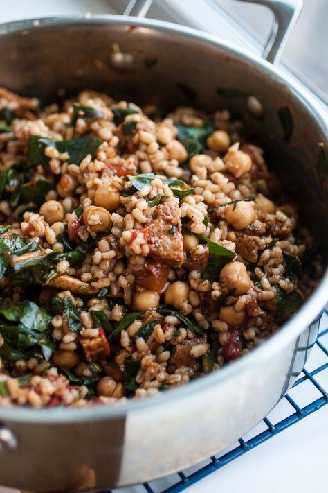 Produce On Parade - Warm Balsamic Barley Salad - Tender and chewy barley mingles with ripe tomato, vegan Italian sausage, bright swiss chard, and protein-rich chickpeas. Lightly bathed in a basil-balsamic dressing, this is a beautiful and hearty salad that?s great warm or cold. It tastes even better the following day, which makes it the perfect ?make ahead? salad! Vegan Italian Sausage, Salad Mixes, Barley Recipe, Barley Salad, Swiss Chard Recipes, Make Ahead Salads, Chard Recipes, Paleo Salads, Mediterranean Salad