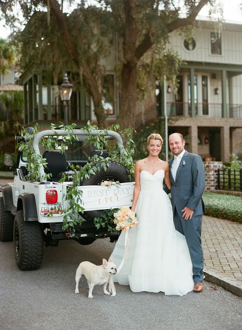 The bride and groom, along with their French bulldog, were photographed with their grand exit vehicle – a Jeep Wrangler decorated with greenery and a sign that… Wedding Jeep Decorations, Jeep Wedding Car Decoration, Jeep Photography, Jeep Wedding, Wedding Getaway Car, Chapel Ceremony, Wedding Limo, Tented Reception, Wedding Car Decorations