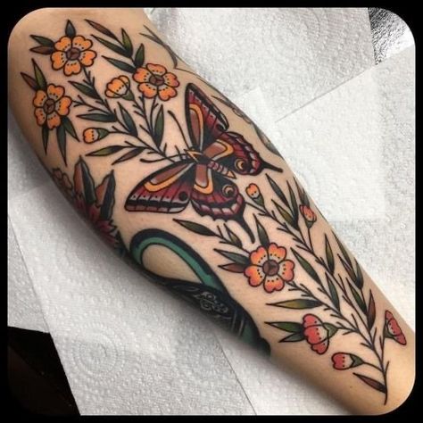 Tattoo Ideas Old School Vintage, Colored Nature Tattoo Sleeve, One Color Sleeve One Black Sleeve Tattoo, Traditional Botanical Tattoo Sleeve, Witchy Traditional Tattoo Sleeve, Traditional Cheeseburger Tattoo, Traditional Style Leaves Tattoo, Bright Color Tattoos Men, American Traditional Half Sleeve Women