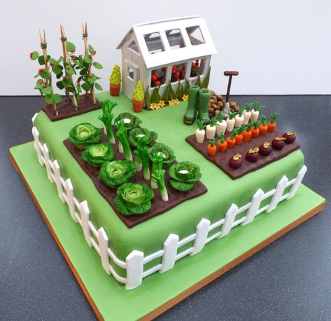 Gardeners Inspired Birthday Cake With Green House Vegetables Cakes For Gardeners, Gardeners Birthday Cake, Birthday Cake For Gardeners, Gardener Birthday Cake, Gardeners Cake Ideas, Allotment Birthday Cake, Allotment Cake Ideas, Gardening Birthday Cake, Garden Cakes Birthday